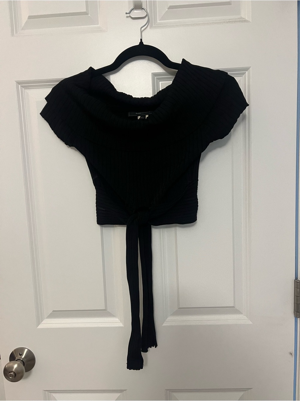 BCBG Black Off-Shoulder Tie-Front Crop Top